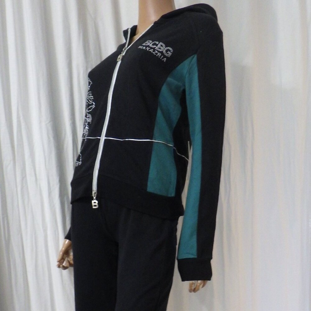 NWT BCBG sz SMALL MED LG XL 95% cotton TEAL BLK COLORBLOCK STUDDED 2PC TRACKSUIT - Picture 4 of 14